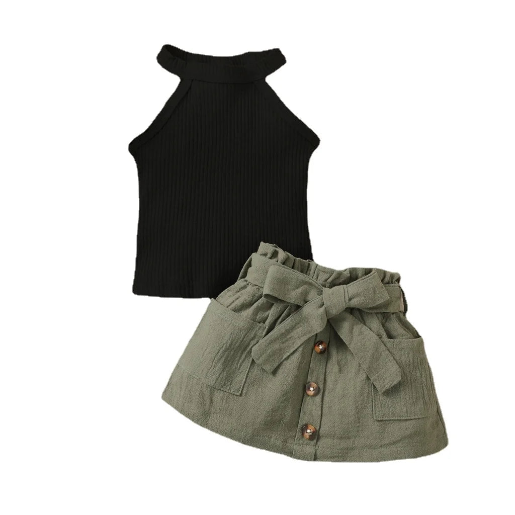 2PCS Ribbed Halter Top & Skirt Summer Outfit for Baby Girls – 3–24 Months
