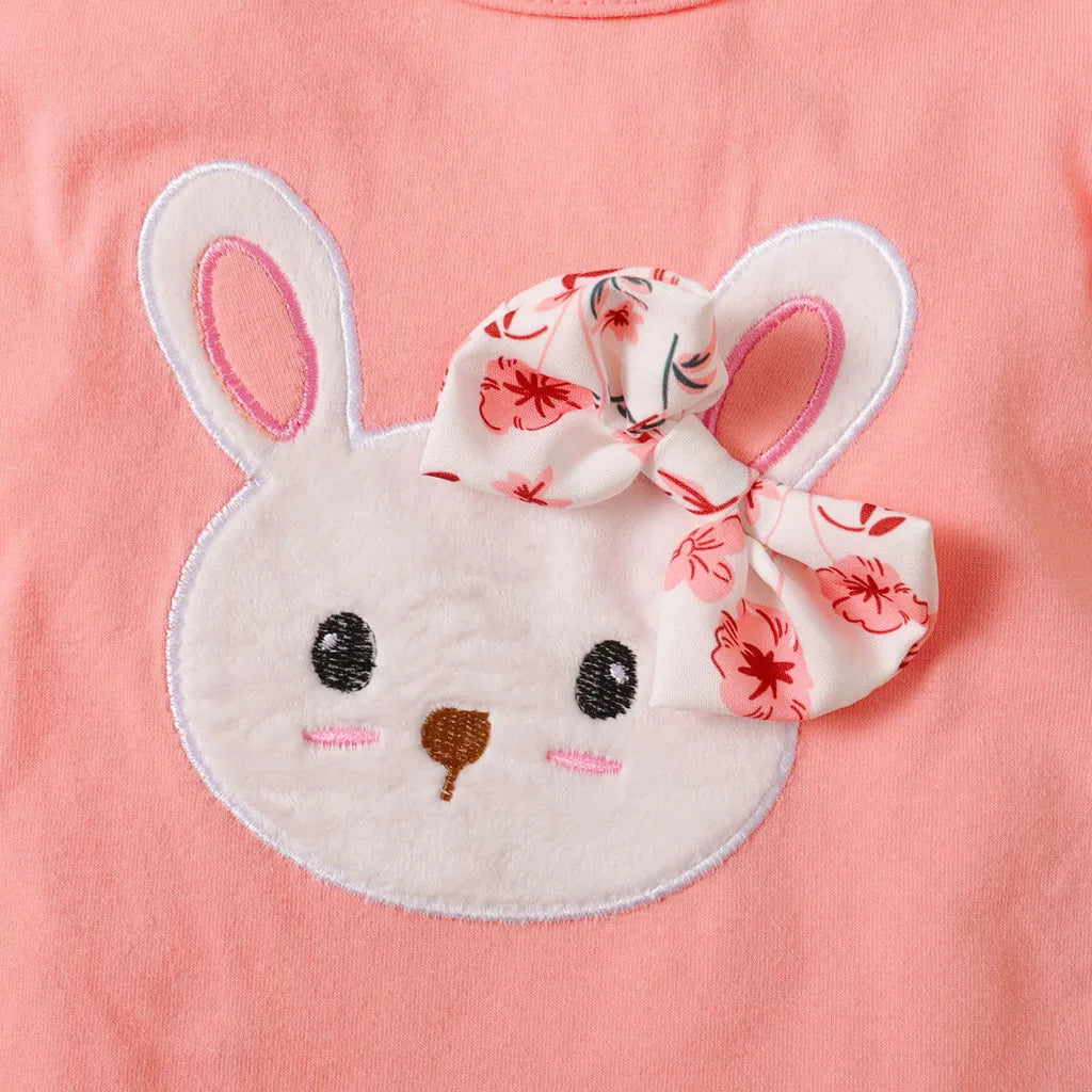 3PCS Baby Girl Summer Outfit – Rabbit Bodysuit, Floral Shorts & Headband (0–18 Months)