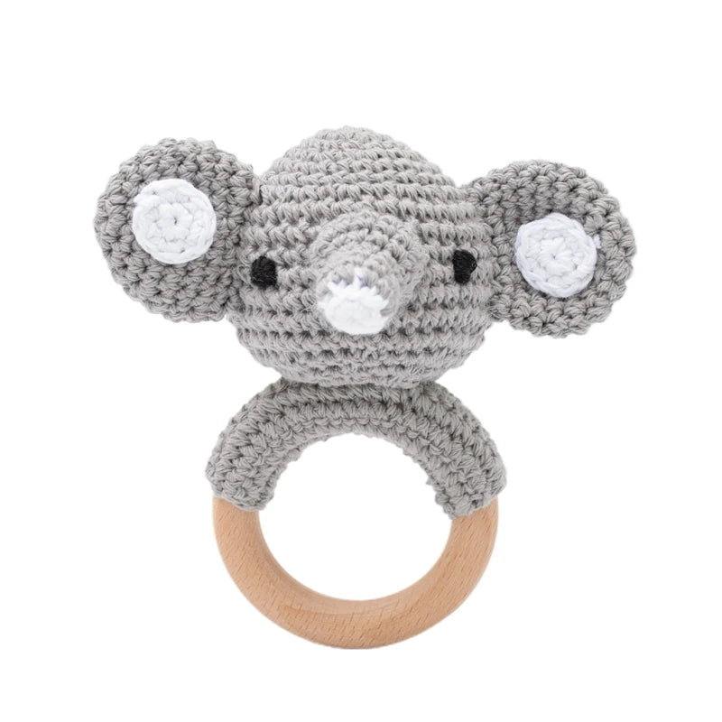 Baby Rattle – Crochet Animal Bear with Wooden Teether Ring | Soft Montessori Pram Toy for Newborns