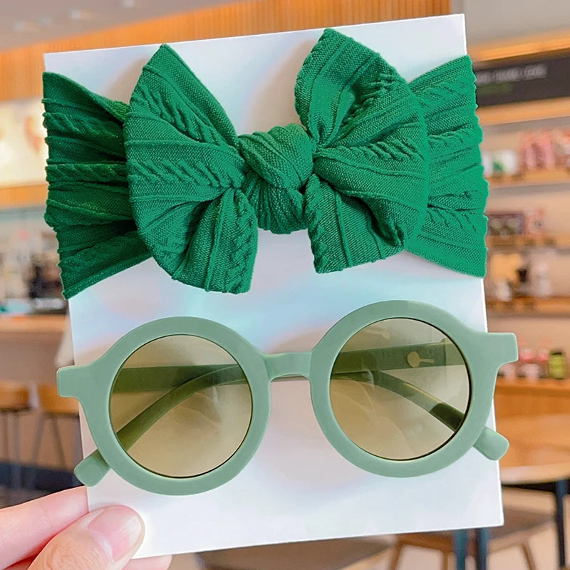 2-Piece Set: Baby Girl Round Sunglasses & Cotton Bowknot Hairband – Stylish Summer Accessory