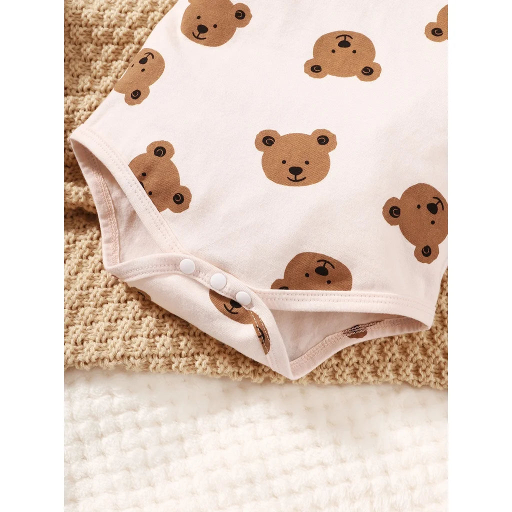 4PCS Bear Print Baby Boy Clothing Set with Bodysuit, Pants, Hat & Socks 0–9 Months