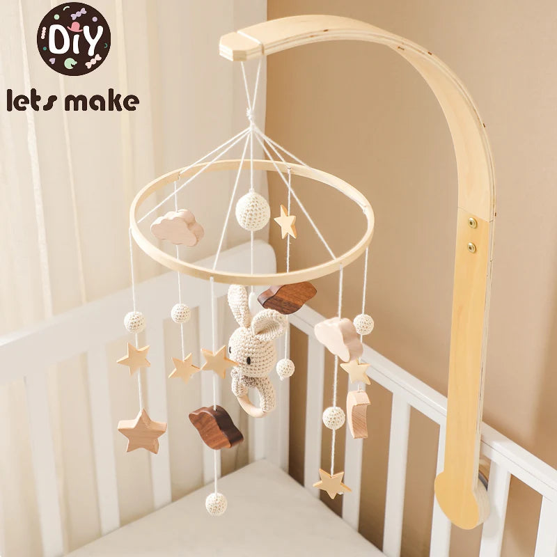 Baby Wooden Crib Mobile with Cartoon Rabbit Rattles | Bed Bell Toy & Arm Bracket for Newborns