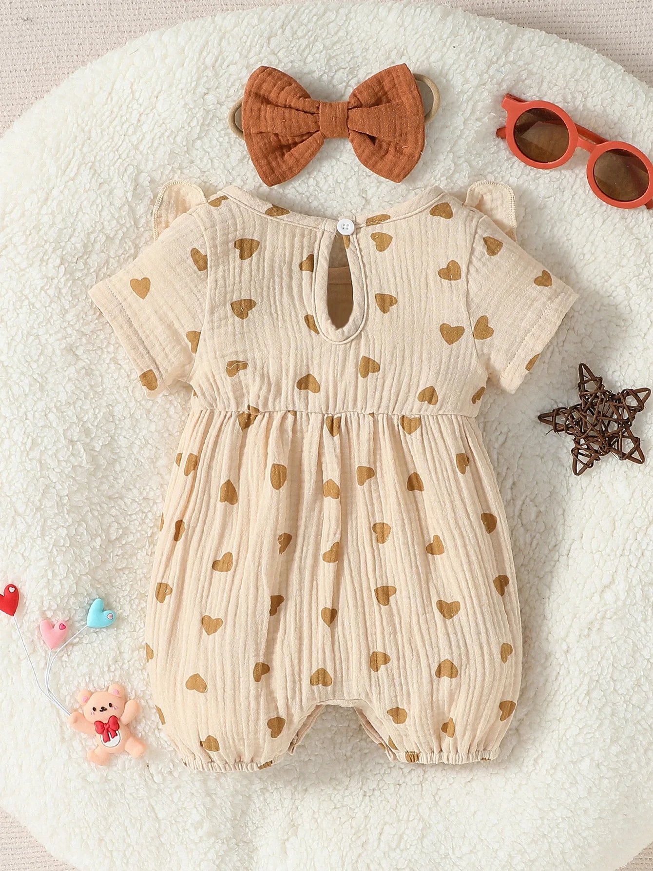 Summer Heart Print Jumpsuit with Bow & Headband – Baby Girl's Streetwear for 0–9M