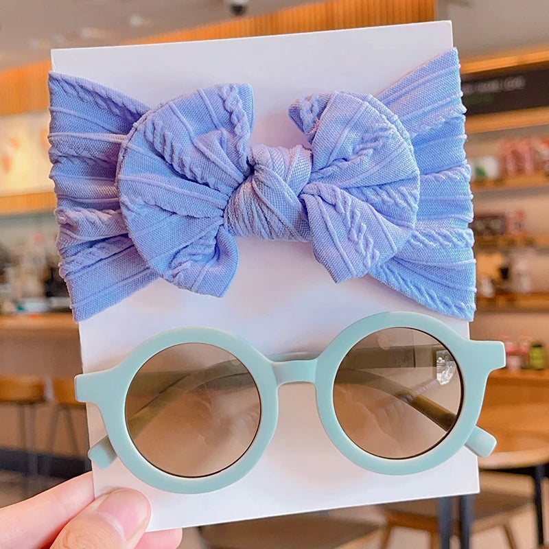 2-Piece Set: Baby Girl Round Sunglasses & Cotton Bowknot Hairband – Stylish Summer Accessory