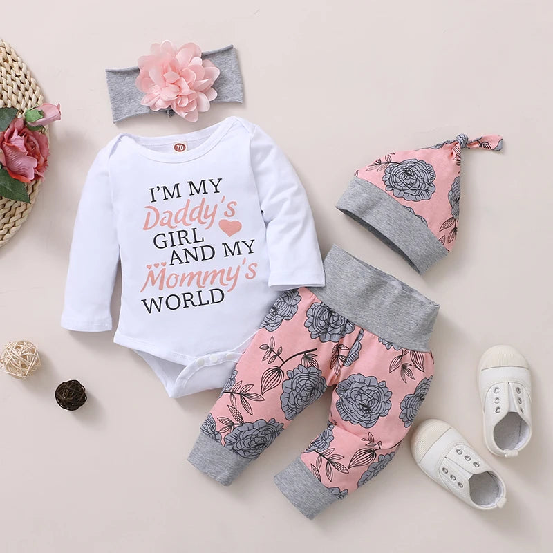 Baby Girl 4PCS Romper Outfit – Rose Pants, Hat & Headband Set (0–18 Months)