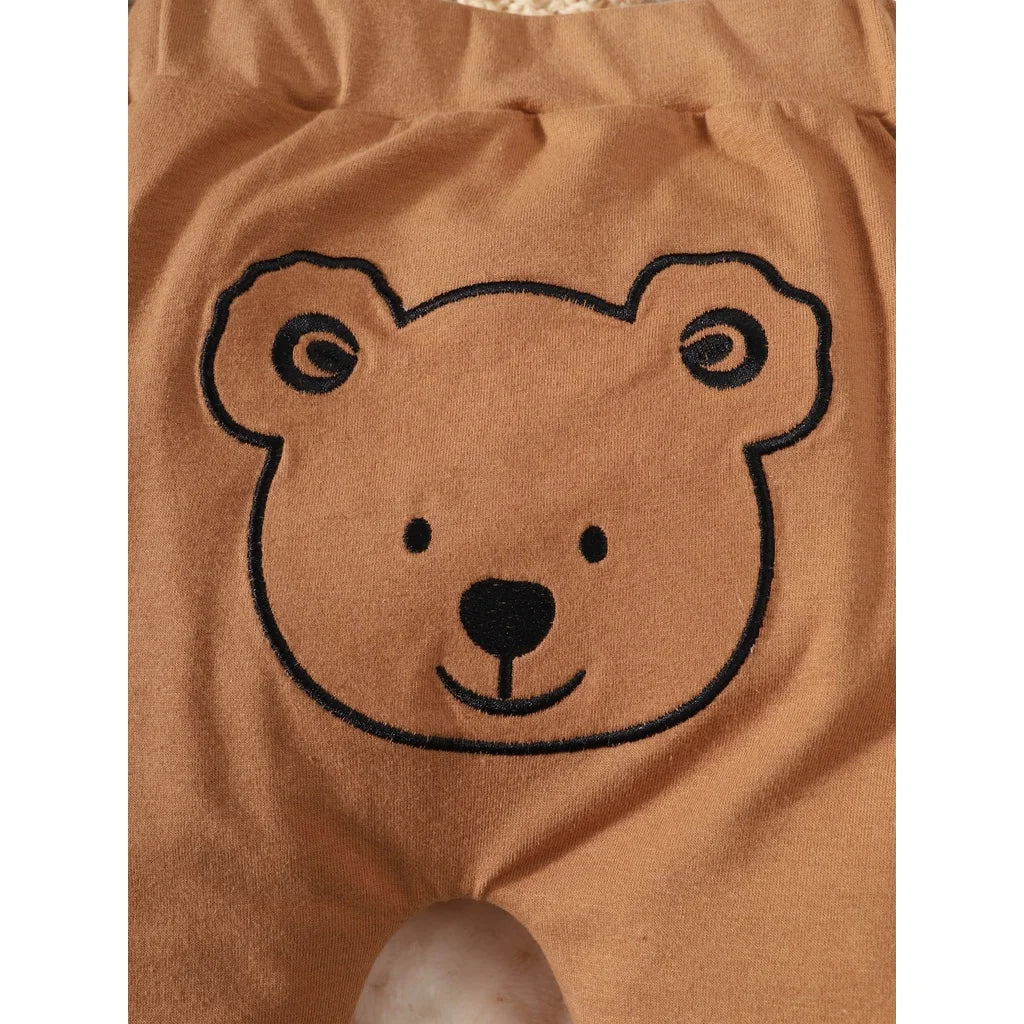 4PCS Bear Print Baby Boy Clothing Set with Bodysuit, Pants, Hat & Socks 0–9 Months