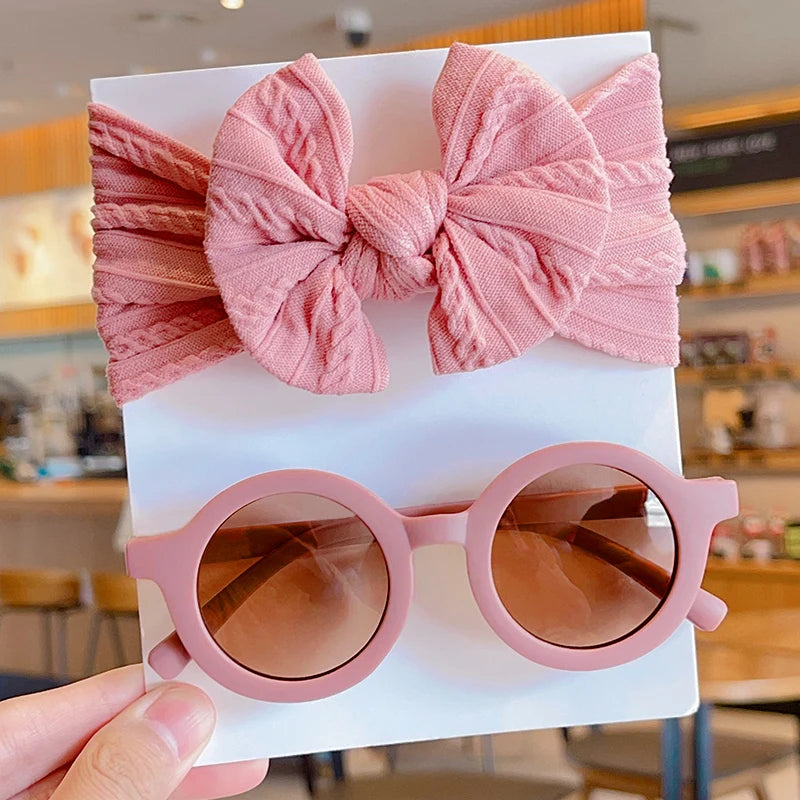 2-Piece Set: Baby Girl Round Sunglasses & Cotton Bowknot Hairband – Stylish Summer Accessory