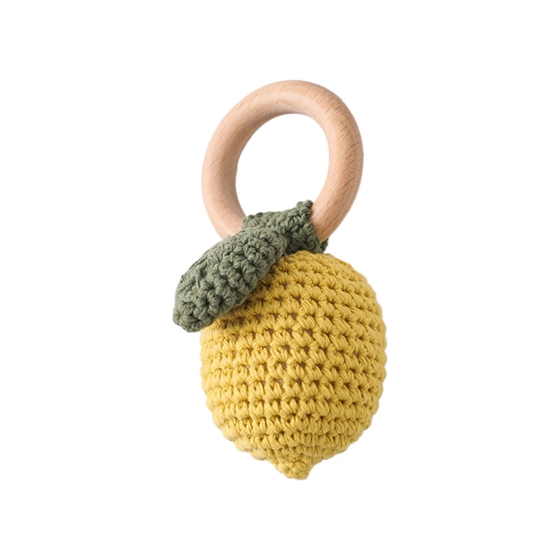 Baby Rattle – Crochet Animal Bear with Wooden Teether Ring | Soft Montessori Pram Toy for Newborns