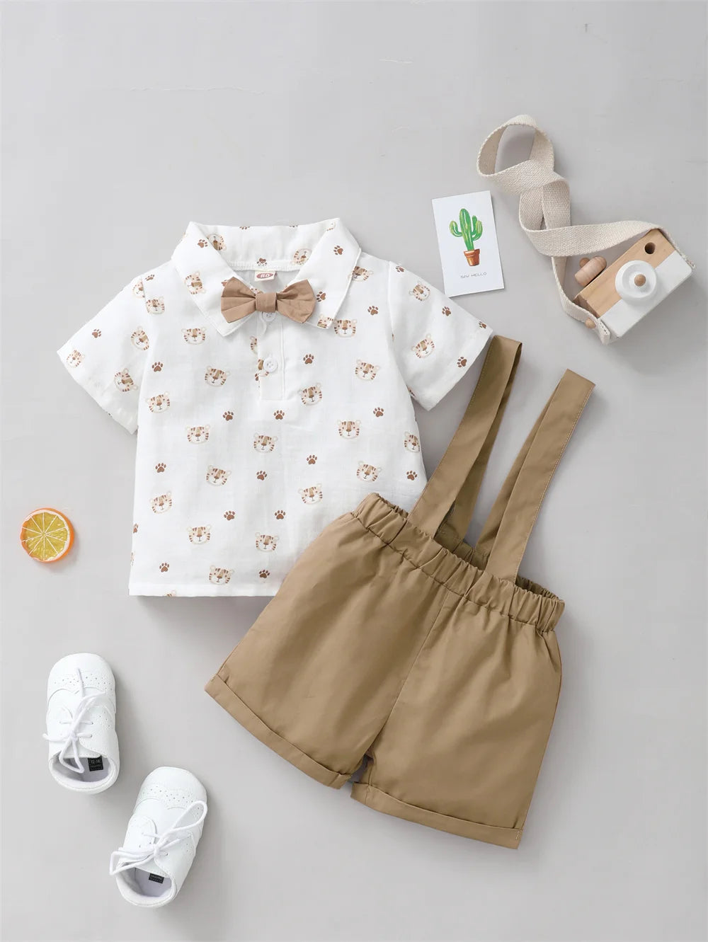 2PCS Toddler Boy Outfit – Tiger Shirt & Strap Shorts Birthday Set (0–2 Years)