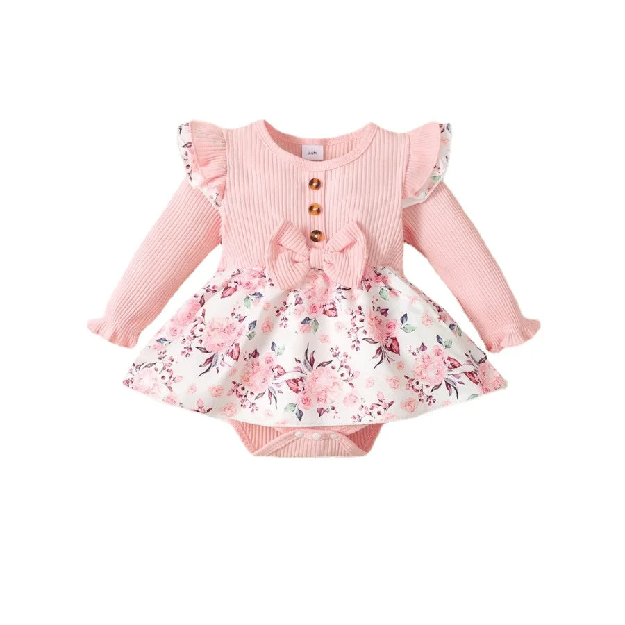 2PCS Baby Girl Ribbed Floral Romper Dress with Headband – 0–18 Months