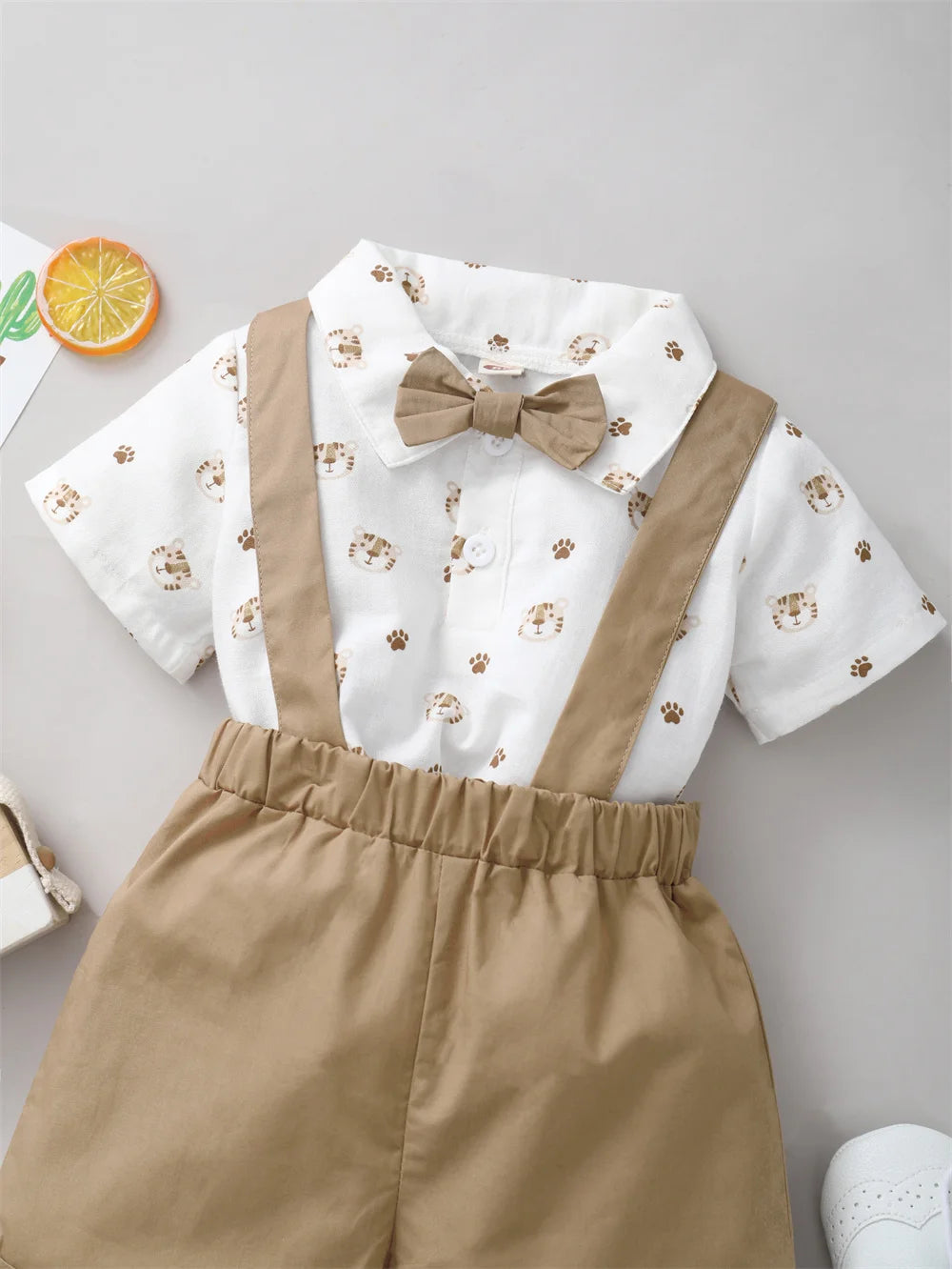 2PCS Toddler Boy Outfit – Tiger Shirt & Strap Shorts Birthday Set (0–2 Years)