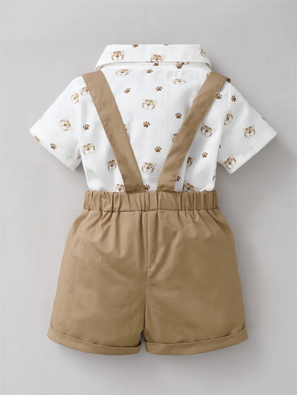 2PCS Toddler Boy Outfit – Tiger Shirt & Strap Shorts Birthday Set (0–2 Years)