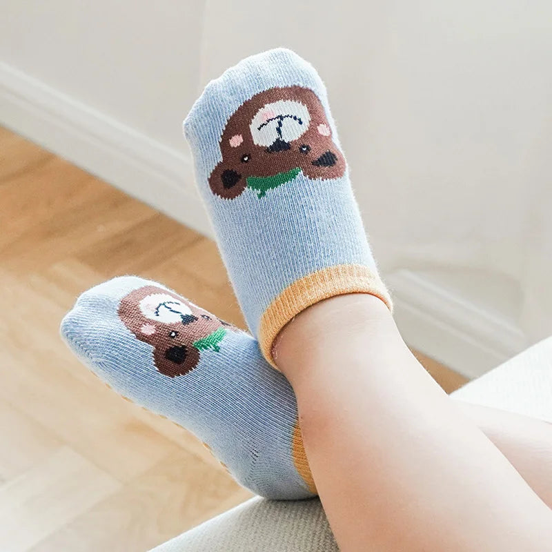 6 Pairs Cartoon Animal Baby Floor Socks – Breathable Cotton Non-Slip Grip Socks for Kids 0–6Y