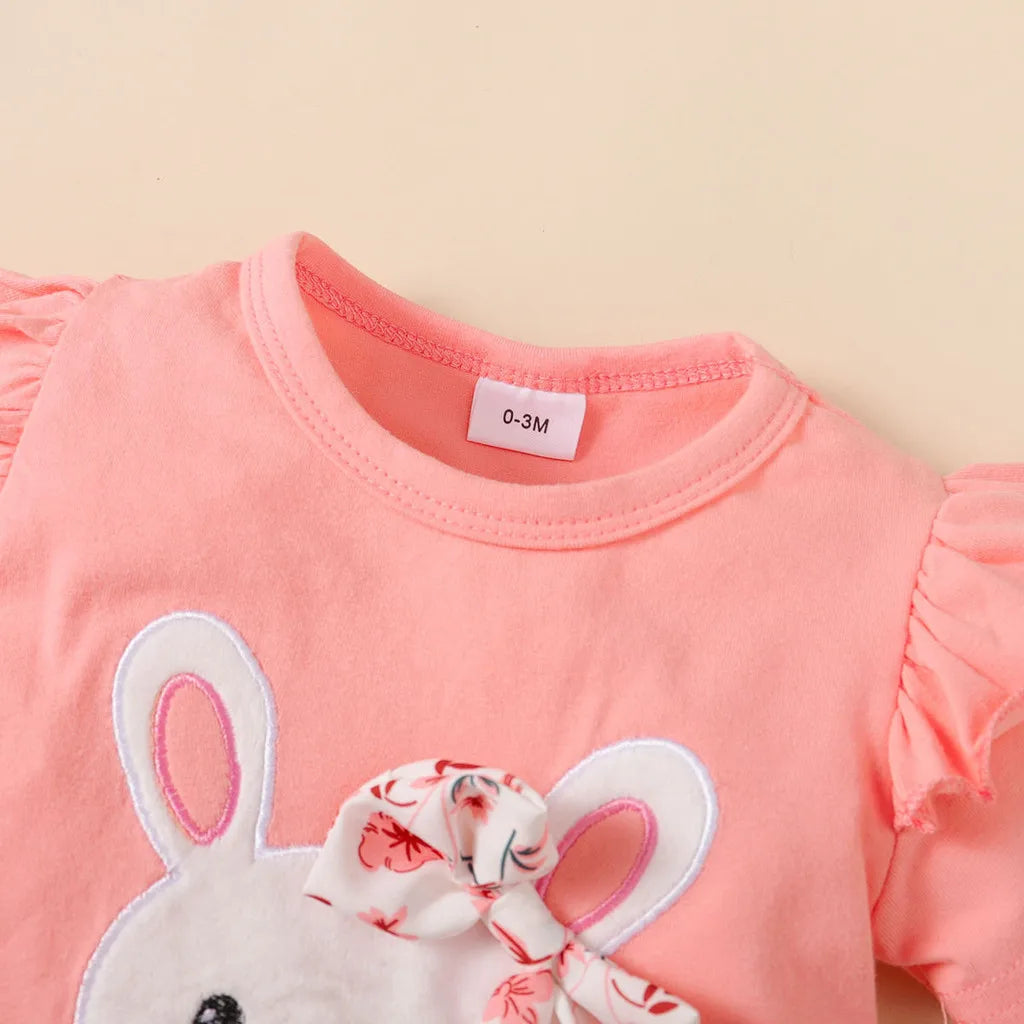 3PCS Baby Girl Summer Outfit – Rabbit Bodysuit, Floral Shorts & Headband (0–18 Months)