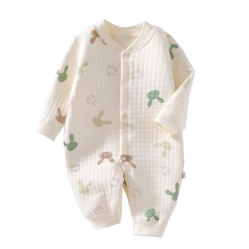 3-Layer Cotton Baby Romper – Cartoon Bear & Bunny Jumpsuit for Autumn/Winter