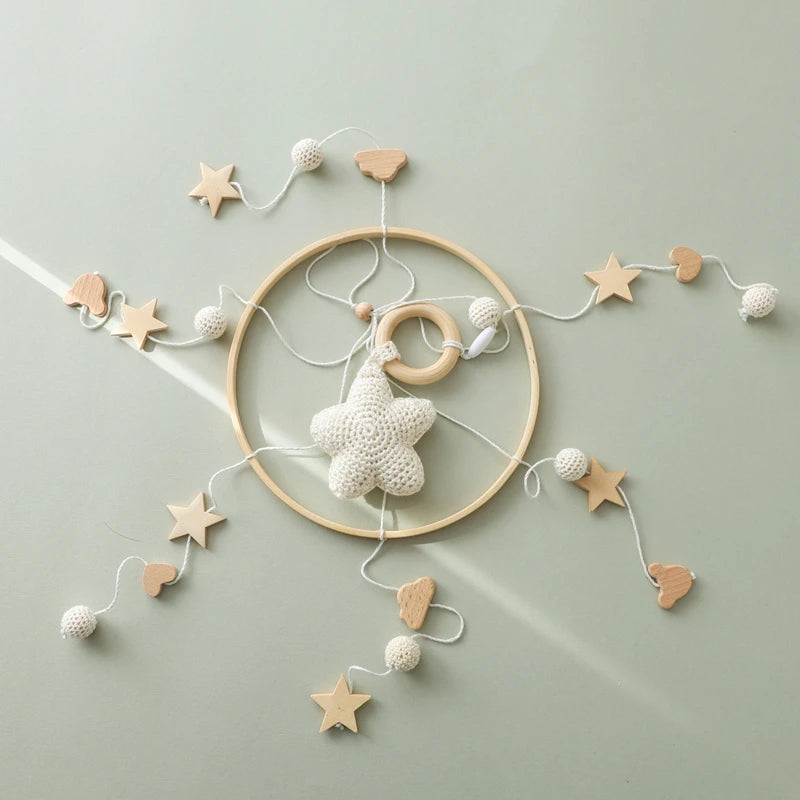 Wooden Crochet Star Baby Crib Mobile – Bed Bell Rattle Toy for Newborn Comfort and Sleep