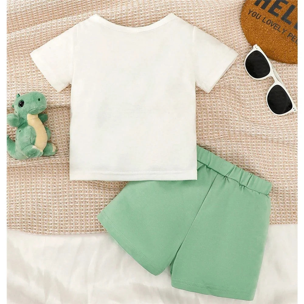 2PCS Baby Boy Dinosaur Summer Outfit with Short Sleeve Top and Shorts 0–3 Years