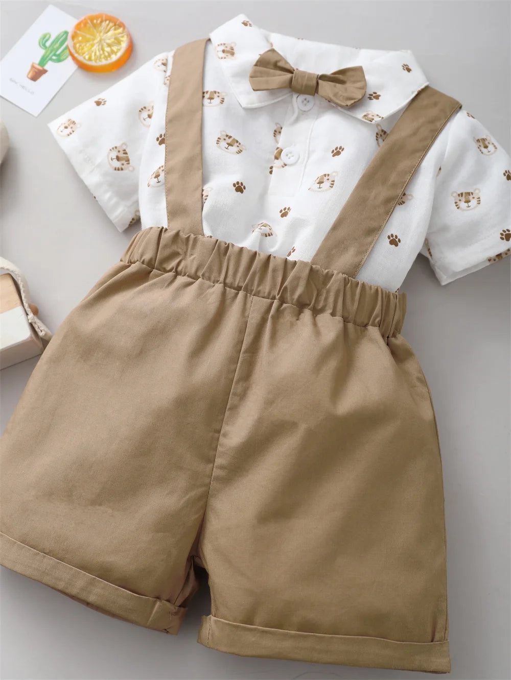 2PCS Toddler Boy Outfit – Tiger Shirt & Strap Shorts Birthday Set (0–2 Years)