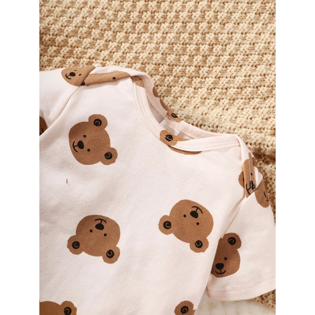 4PCS Bear Print Baby Boy Clothing Set with Bodysuit, Pants, Hat & Socks 0–9 Months