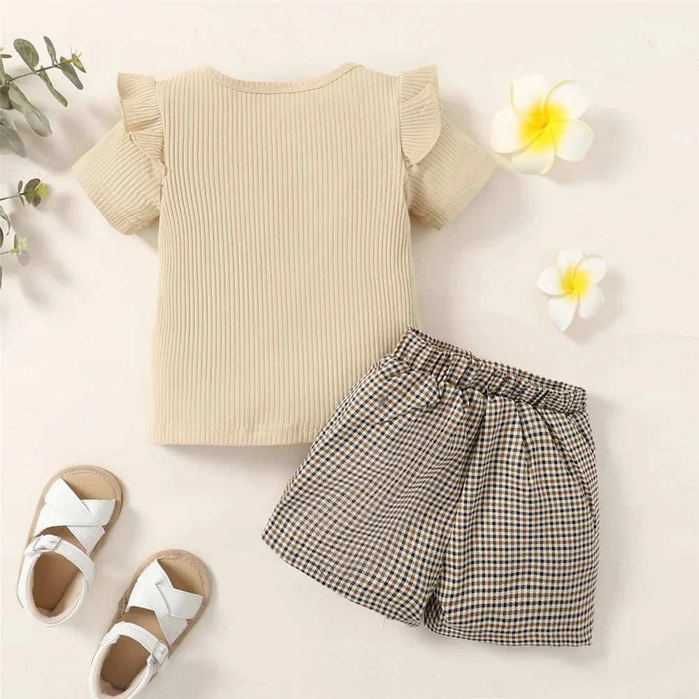 2PCS Summer Outfit for Toddler Girls – Letter Print Top and Checkered Shorts Set