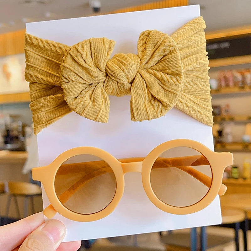 2-Piece Set: Baby Girl Round Sunglasses & Cotton Bowknot Hairband – Stylish Summer Accessory