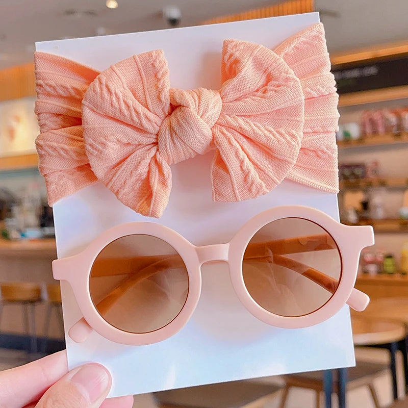 2-Piece Set: Baby Girl Round Sunglasses & Cotton Bowknot Hairband – Stylish Summer Accessory
