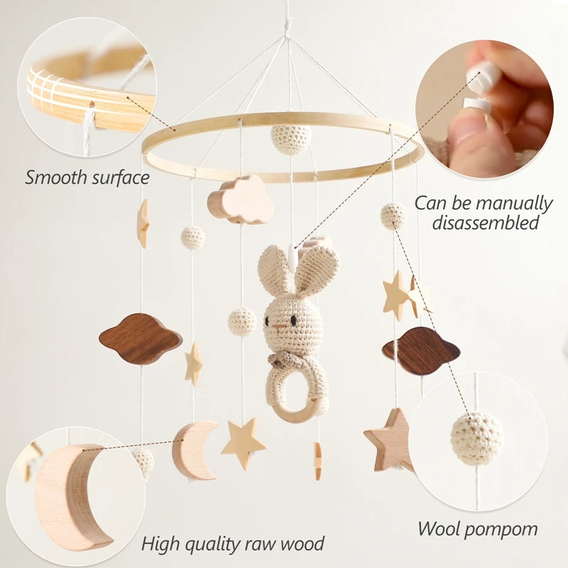 Baby Wooden Crib Mobile with Cartoon Rabbit Rattles | Bed Bell Toy & Arm Bracket for Newborns