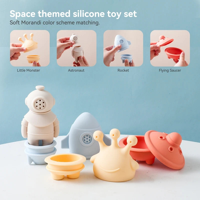 Silicone Baby Bath Toys – Cartoon Astronauts & Dinosaur Water Sprinkler