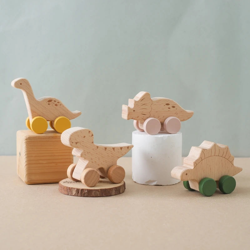 Wooden Dinosaur Car Teether – Montessori Educational Toy for Teething Babies