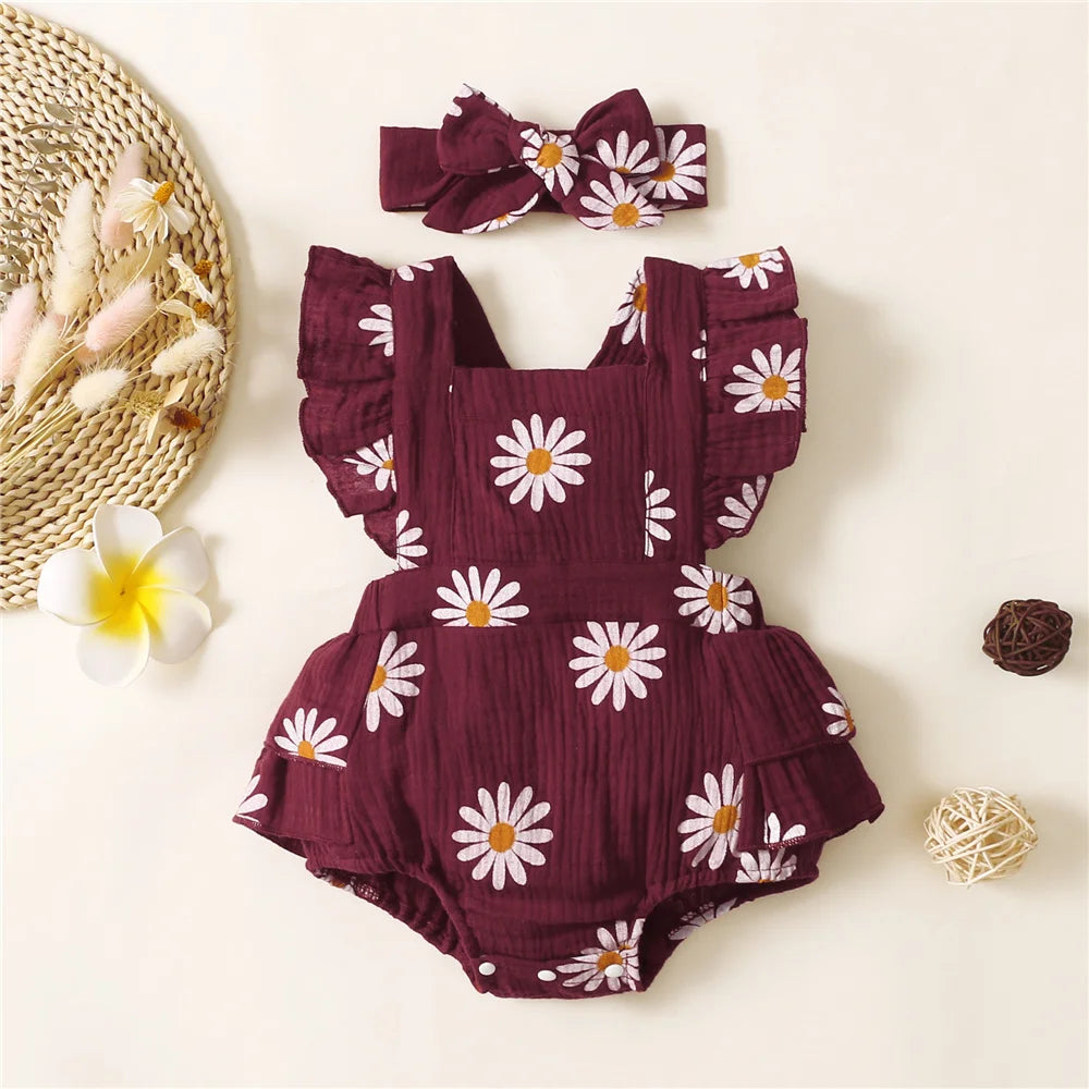 Baby Girl Summer Romper with Headband – Ruffle Sleeveless Bodysuit (0–1Y)