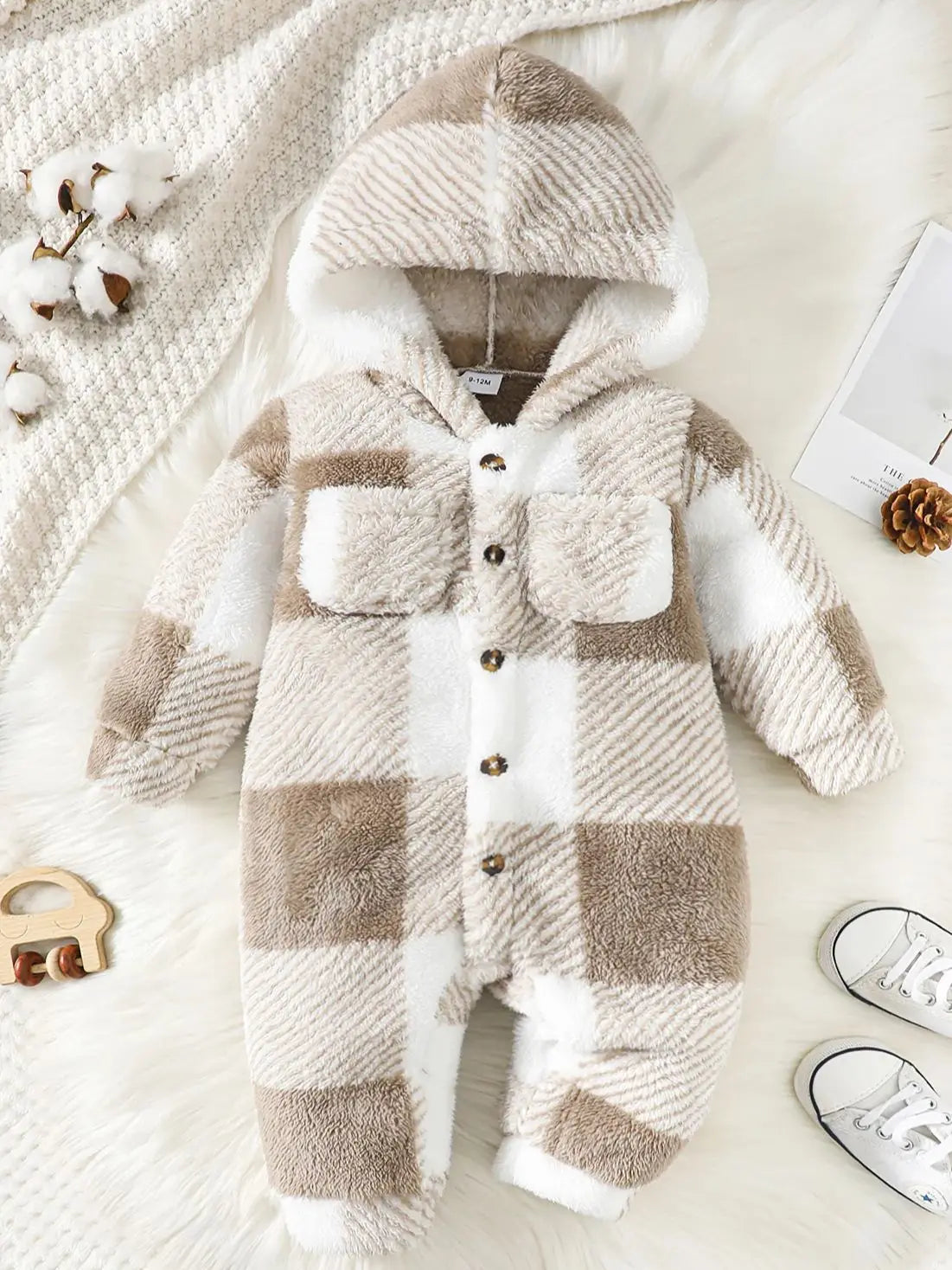 Baby Plaid Hooded Romper – Warm Winter Jumpsuit for Boys & Girls (3–24 Months)