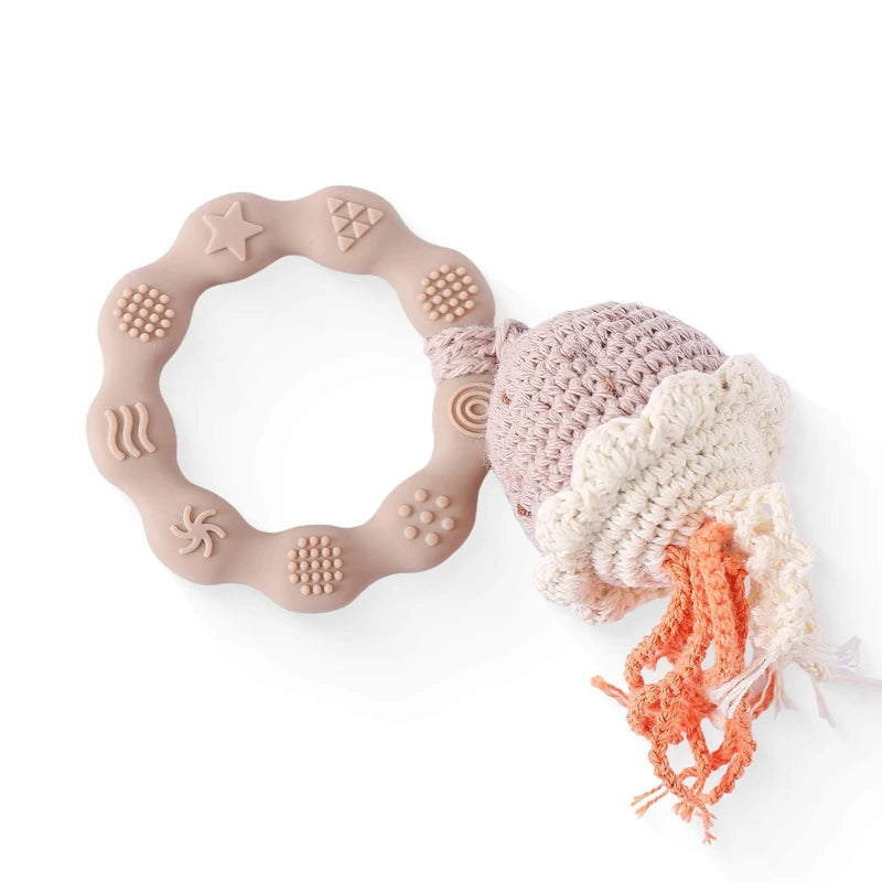 Baby Rattle – Crochet Animal Bear with Wooden Teether Ring | Soft Montessori Pram Toy for Newborns