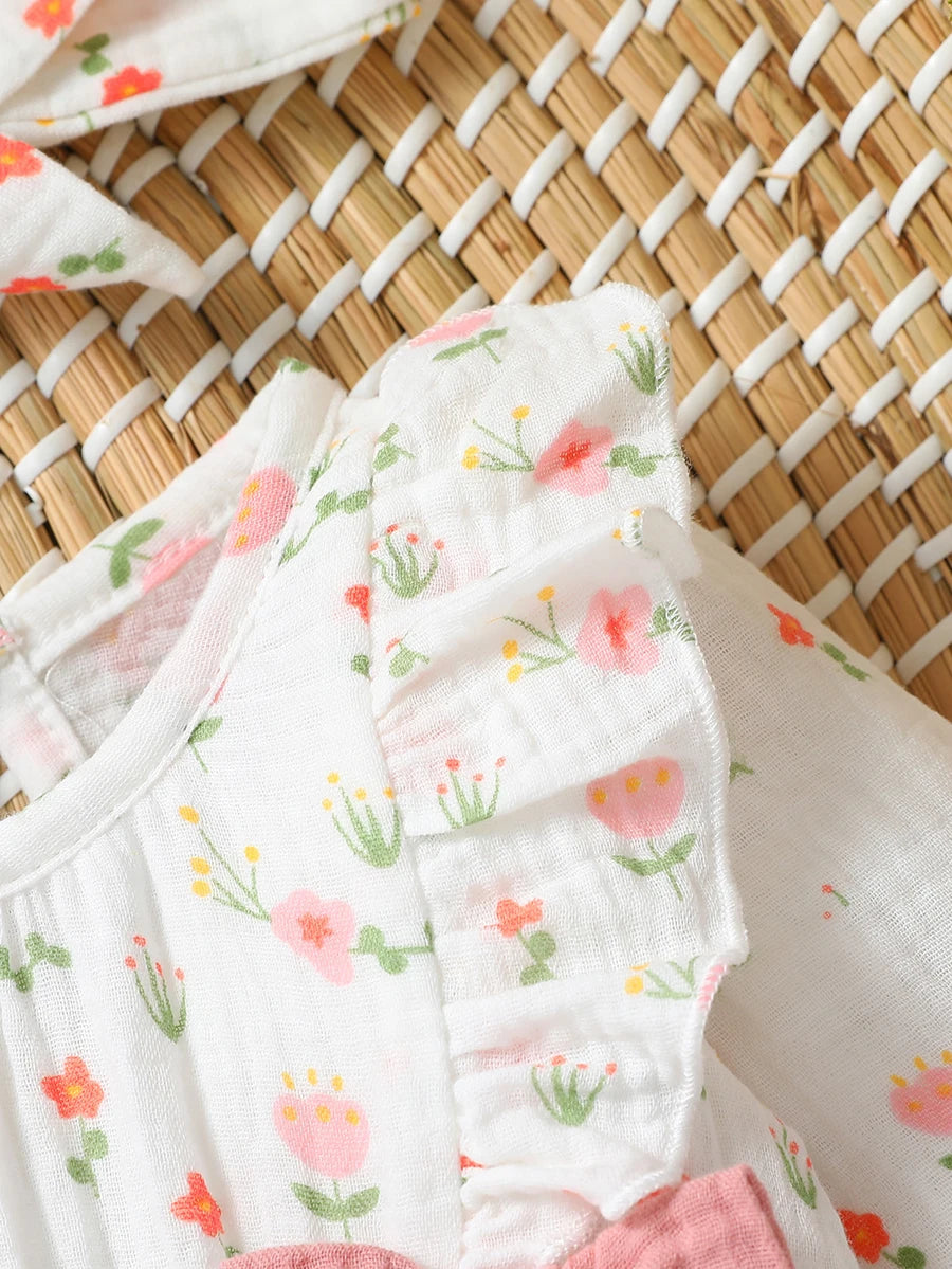 Floral Cotton Baby Jumpsuit with Bow and Headband – Long Sleeve All-Season Outfit for Girls