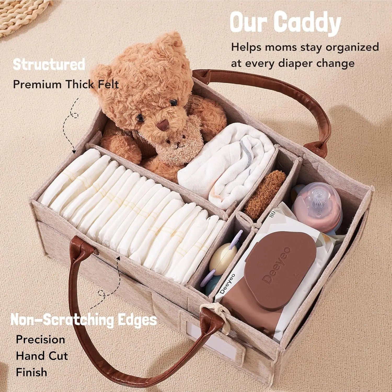 Large Baby Felt Nursery Organizer Caddy – Diaper Bag with Handle & Storage Pockets