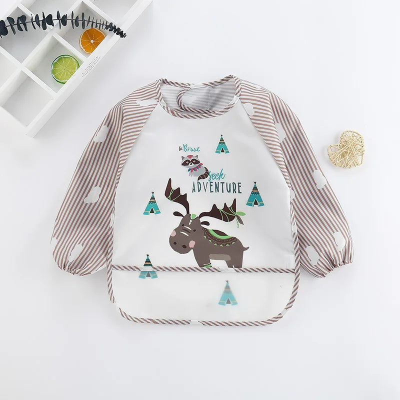 Waterproof Cartoon Baby Bib – Long Sleeve Feeding Apron with Pocket for 0–3Y