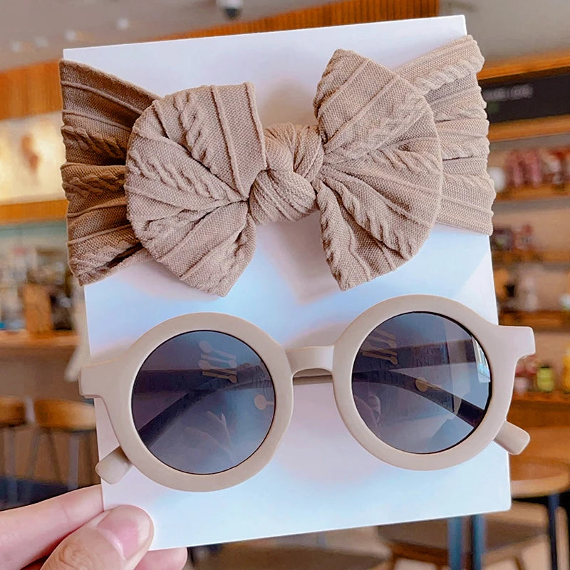 2-Piece Set: Baby Girl Round Sunglasses & Cotton Bowknot Hairband – Stylish Summer Accessory
