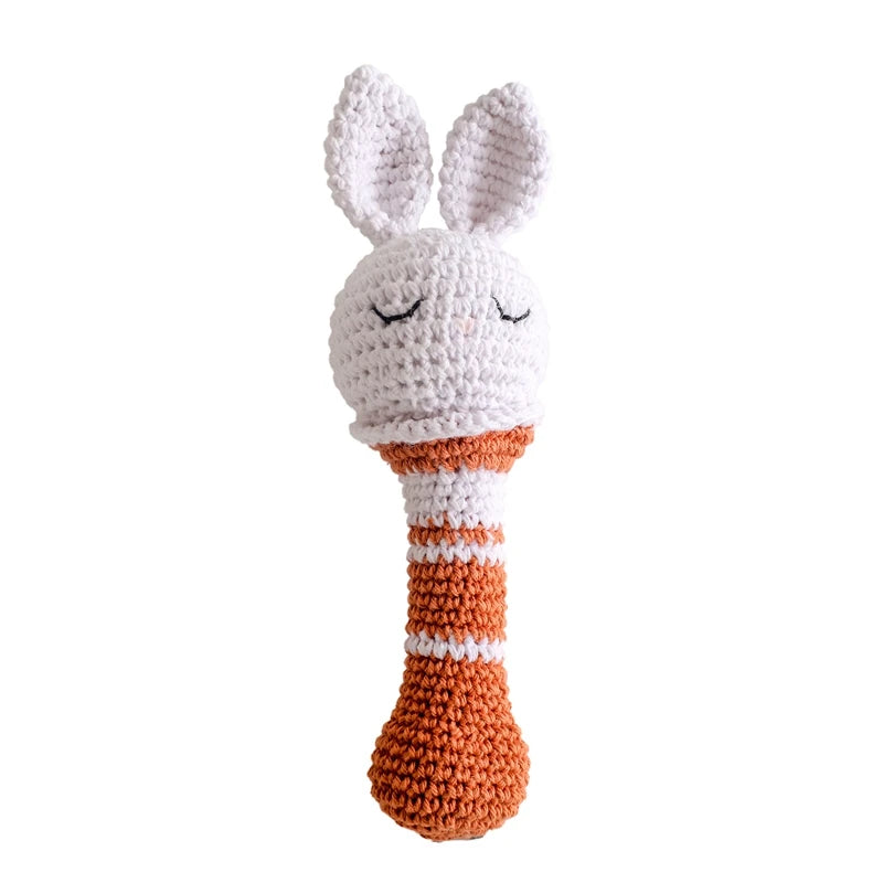 Baby Rattle – Crochet Animal Bear with Wooden Teether Ring | Soft Montessori Pram Toy for Newborns