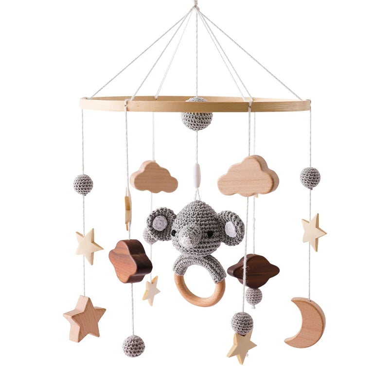 Baby Wooden Crib Mobile with Cartoon Rabbit Rattles | Bed Bell Toy & Arm Bracket for Newborns